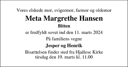 Dødsannoncen for Meta Margrethe Hansen - Odense