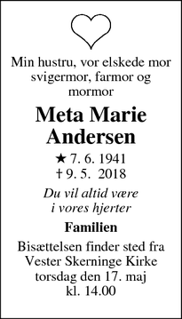Dødsannoncen for Meta Marie Andersen - Vester Skerninge
