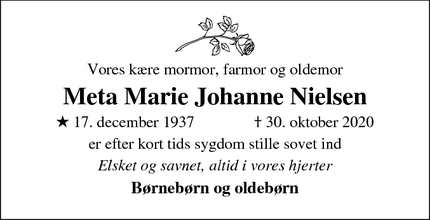 Dødsannoncen for Meta Marie Johanne Nielsen - Varde