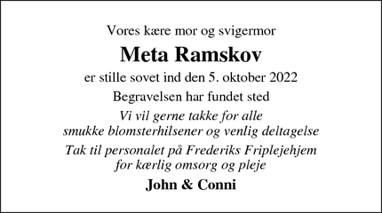 Dødsannoncen for Meta Ramskov - Frederiks