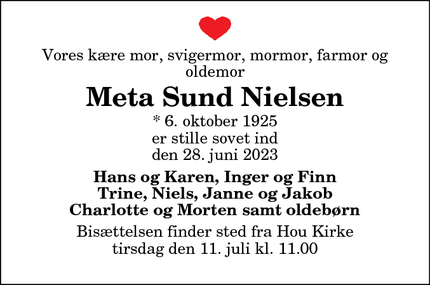 Dødsannoncen for Meta Sund Nielsen - Gistrup