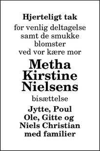 Taksigelsen for Metha
Kirstine
Nielsens - Bindslev