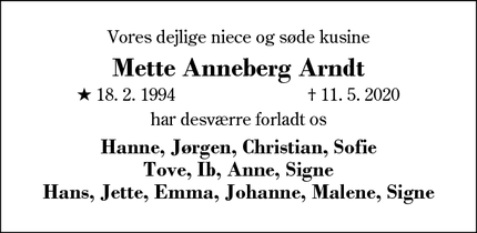 Dødsannoncen for Mette Anneberg Arndt - Odense