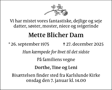 Dødsannoncen for Mette Blicher Dam - Karlslunde 2690, DK