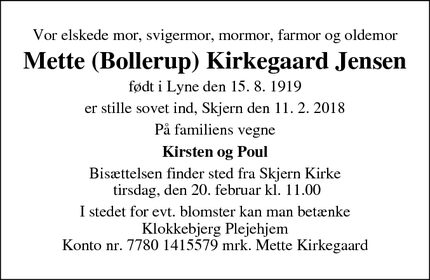 Dødsannoncen for Mette (Bollerup) Kirkegaard Jensen - Brønderslev