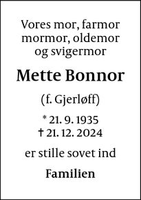 Dødsannoncen for Mette Bonnor - Farum (3520)