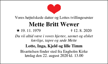 Dødsannoncen for Mette Britt Wewer - Allerød