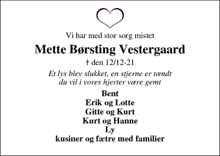 Dødsannoncen for Mette Børsting Vestergaard - Stauning