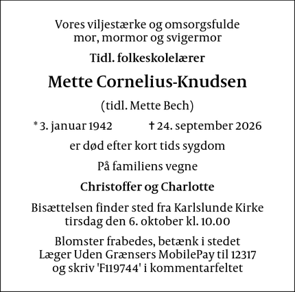 Dødsannoncen for Mette Cornelius-Knudsen - Hundige
