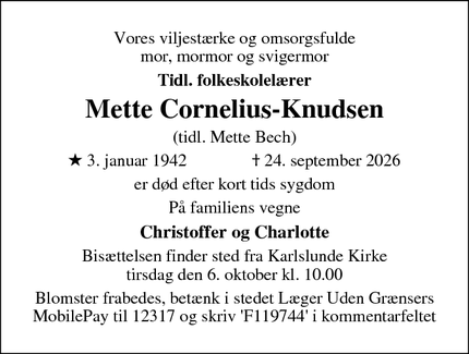 Dødsannoncen for Mette Cornelius-Knudsen - Hundige