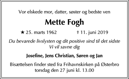 Dødsannoncen for Mette Fogh - Værløse