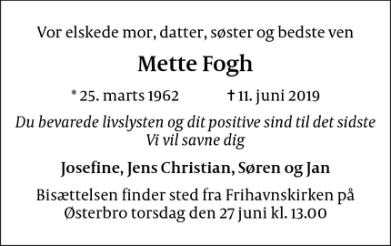 Dødsannoncen for Mette Fogh - Værløse