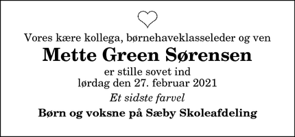 Dødsannoncen for Mette Green Sørensen - Sæby
