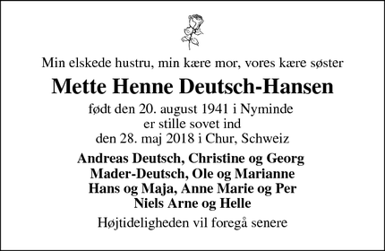 Dødsannoncen for Mette Henne Deutsch-Hansen - Esbjerg