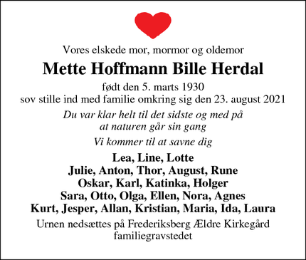 Dødsannoncen for Mette Hoffmann Bille Herdal - 3450 Allerød
