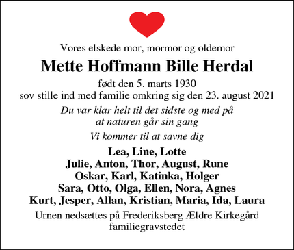 Dødsannoncen for Mette Hoffmann Bille Herdal - 3450 Allerød