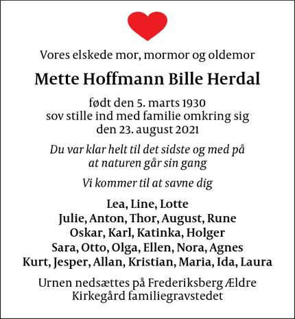 Dødsannoncen for Mette Hoffmann Bille Herdal - 3450 Allerød