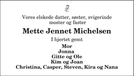 Dødsannoncen for Mette Jennet Michelsen - Frederikshavn