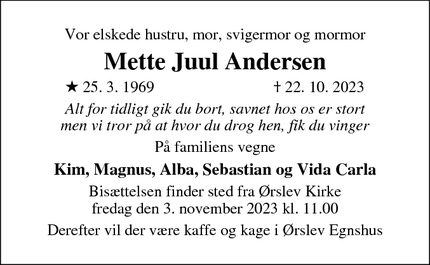Dødsannoncen for Mette Juul Andersen - Vordingborg