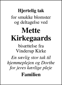 Taksigelsen for Mette Kirkegaards - 7860 Spøttrup