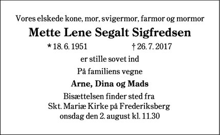 Dødsannoncen for Mette Lene Segalt Sigfredsen - Sønderborg