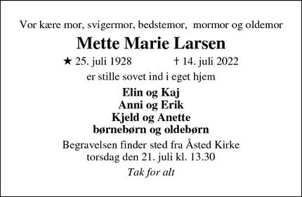 Dødsannoncen for Mette Marie Larsen - Durup, Haarslev