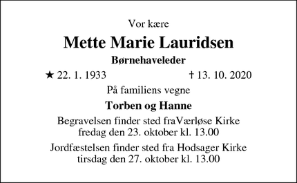 Dødsannoncen for Mette Marie Lauridsen - Værløse