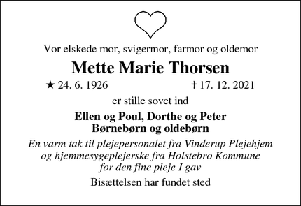 Dødsannoncen for Mette Marie Thorsen - Vinderup