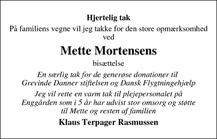 Dødsannoncen for Mette Mortensens - Dragør