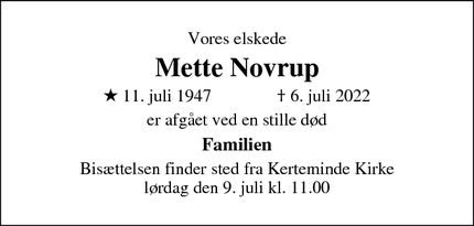 Dødsannoncen for Mette Novrup - Kerteminde