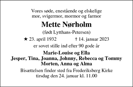 Dødsannoncen for Mette Nørholm - Gentofte
