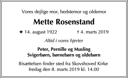 Dødsannoncen for Mette Rosenstand - København