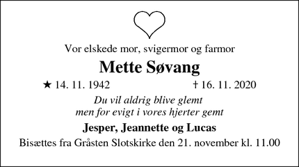 Dødsannoncen for Mette Søvang - Gråsten