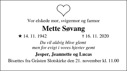 Dødsannoncen for Mette Søvang - Gråsten