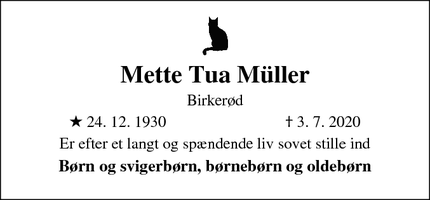 Dødsannoncen for Mette Tua Müller - Birkerød