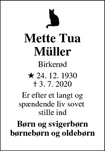 Dødsannoncen for Mette Tua Müller - Birkerød