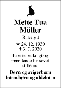 Dødsannoncen for Mette Tua Müller - Birkerød