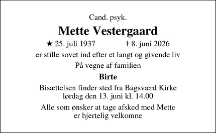 Dødsannoncen for Mette Vestergaard - Bagsværd
