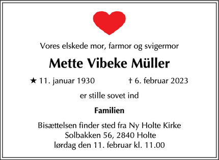 Dødsannoncen for Mette Vibeke Müller - Kokkedal