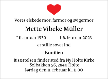 Dødsannoncen for Mette Vibeke Müller - Kokkedal