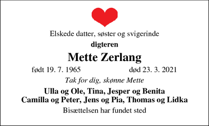 Dødsannoncen for Mette Zerlang - København