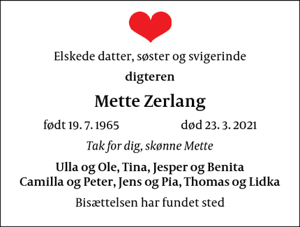 Dødsannoncen for Mette Zerlang - København