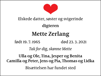 Dødsannoncen for Mette Zerlang - København