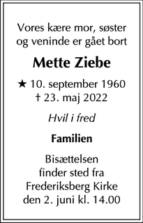 Dødsannoncen for Mette Ziebe - Frederiksberg