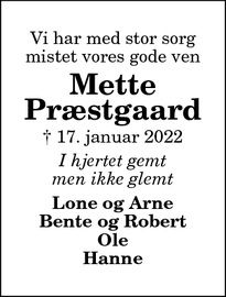 Dødsannoncen for Mette
Præstgaard - Bindslev