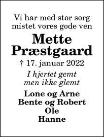 Dødsannoncen for Mette
Præstgaard - Bindslev