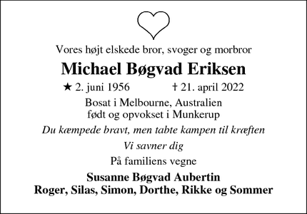Dødsannoncen for Michael Bøgvad Eriksen - Dronningmolle DK