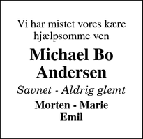 Dødsannoncen for Michael Bo Andersen - Skjern