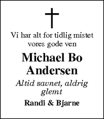 Dødsannoncen for Michael Bo Andersen - Skjern