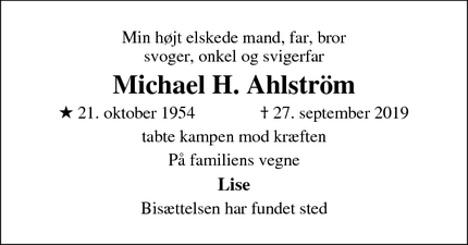 Dødsannoncen for Michael H. Ahlström - Helsinge